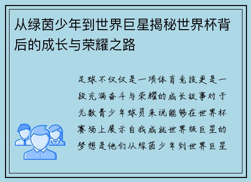 从绿茵少年到世界巨星揭秘世界杯背后的成长与荣耀之路