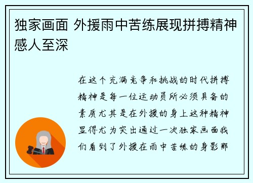 独家画面 外援雨中苦练展现拼搏精神感人至深