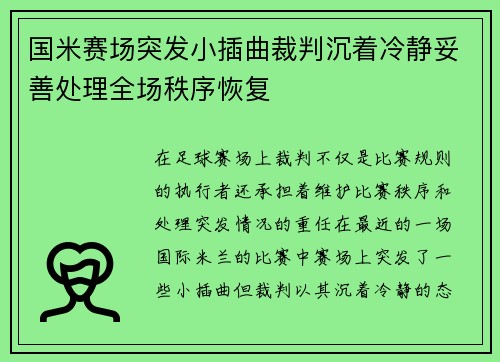 国米赛场突发小插曲裁判沉着冷静妥善处理全场秩序恢复